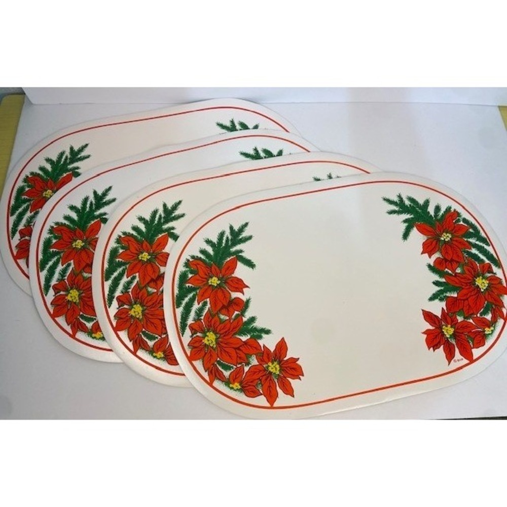Vintage BHP Christmas Poinsettia Oval Placemats Set of 4 Holiday Table Decor